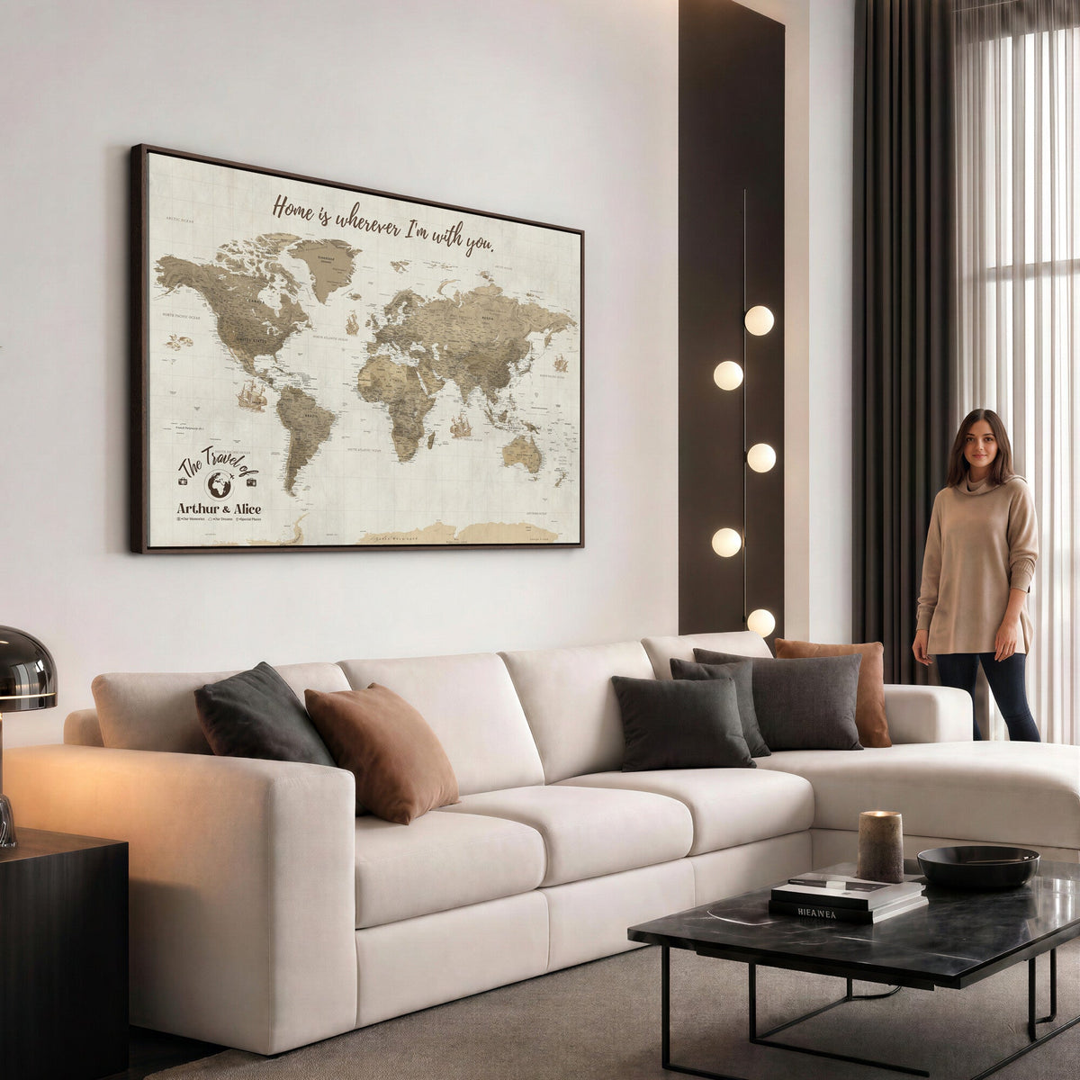 Custom Beige Geometric World Map Canvas with Push Pins, Honeymoon and Anniversary Gift, Dining Room and Hallway Decor