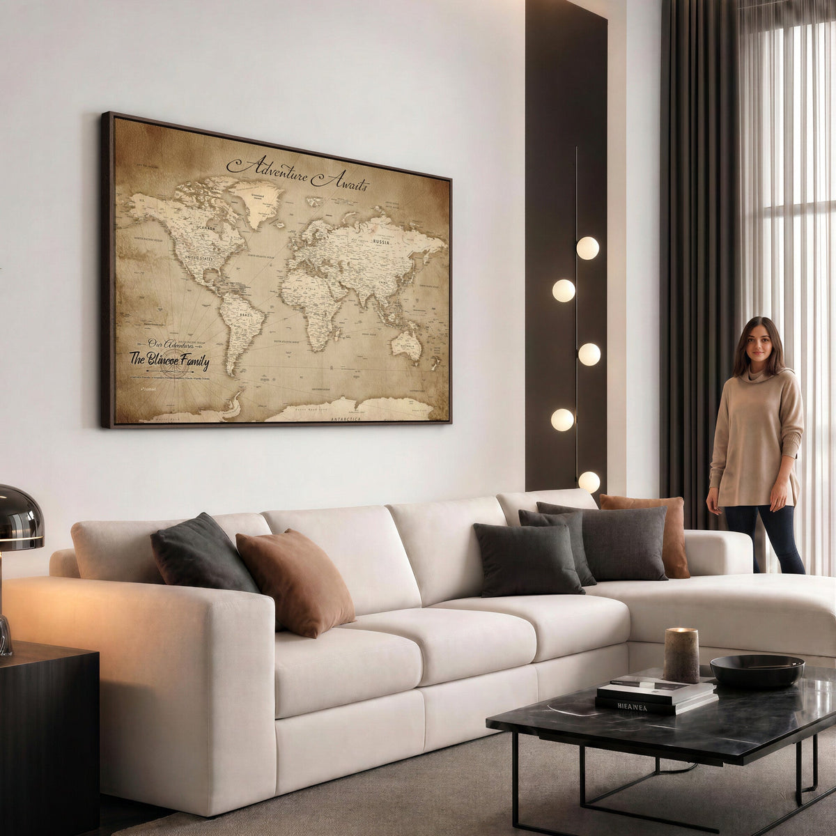 Personalized Black Modern Push Pin World Map Wall Art, Places Visited Tracker, Family Room and Bedroom Decor