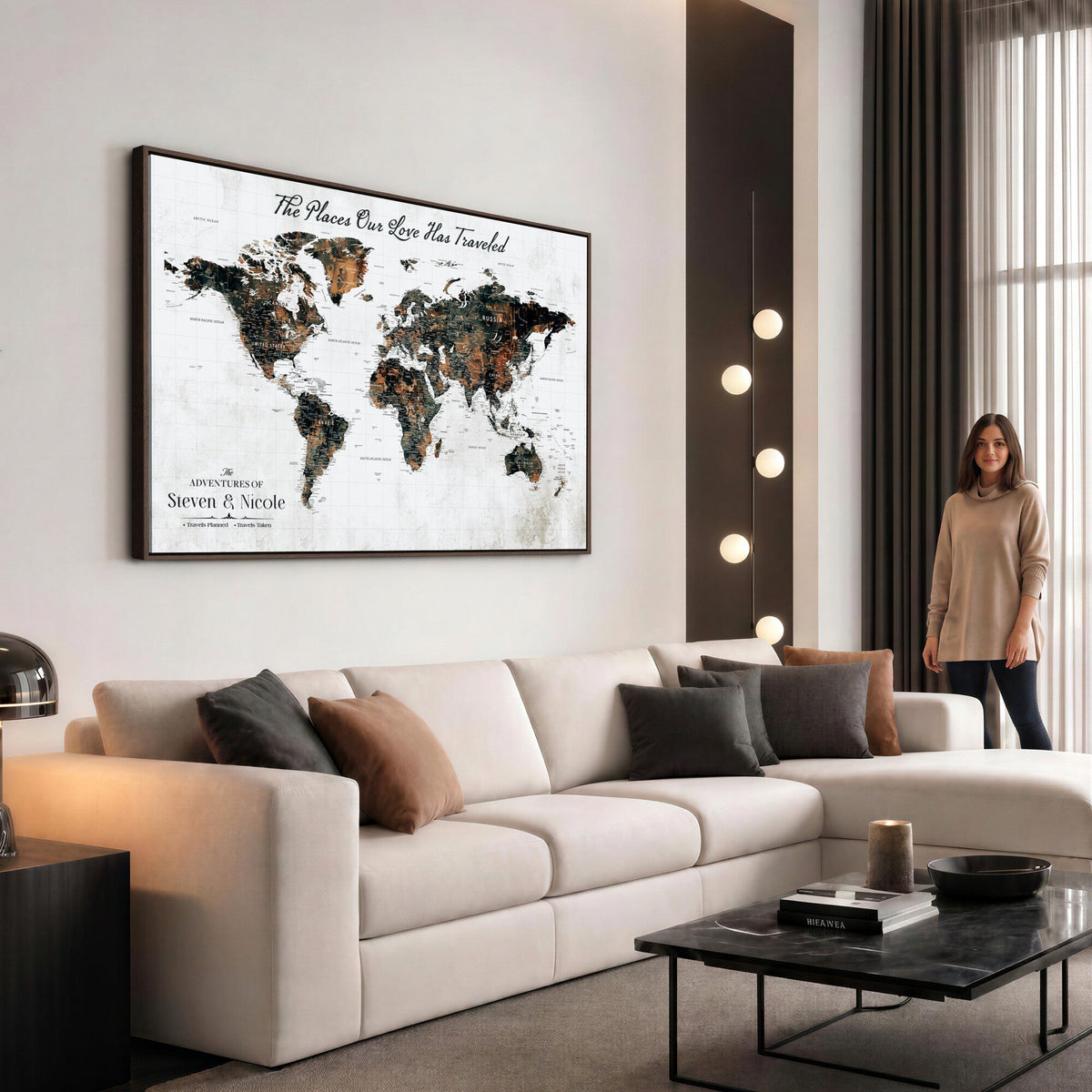 Personalized Beige Push Pin World Map Canvas Print, Honeymoon and Anniversary Gift, Living Room and Dining Room Decor