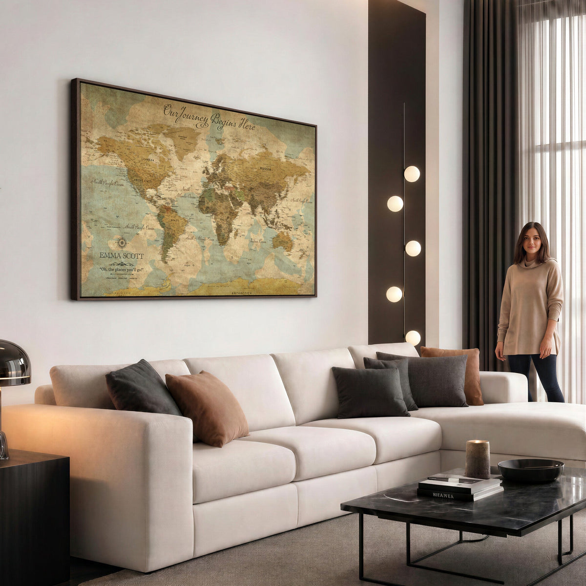 Personalized Navy Push Pin Travel Map Canvas Print, Couples Countries Visited Map, Living Room and Dining Room Decor