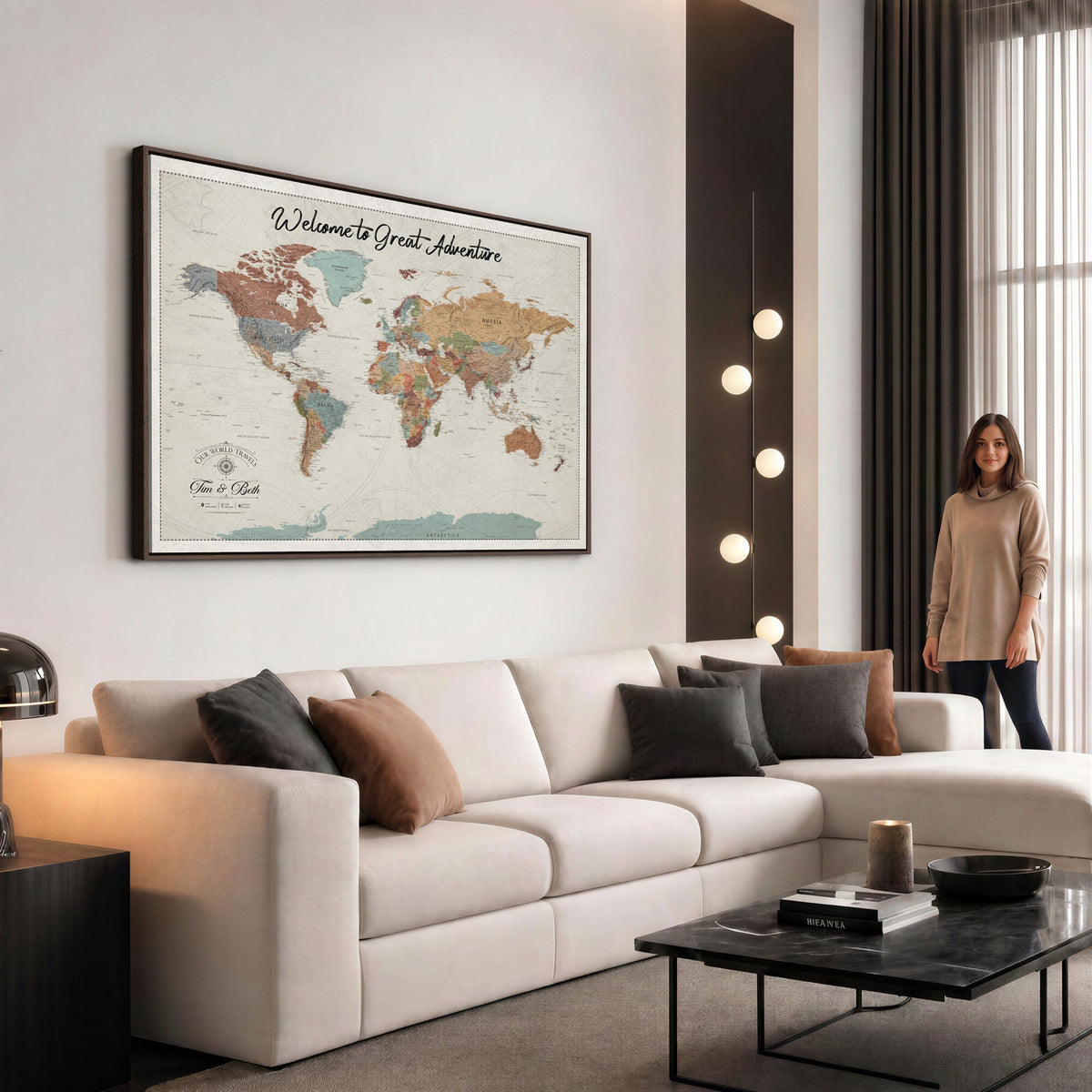 Custom Beige Push Pin World Map Canvas Print, Bucket List Map, Dining Room and Home Office Decor