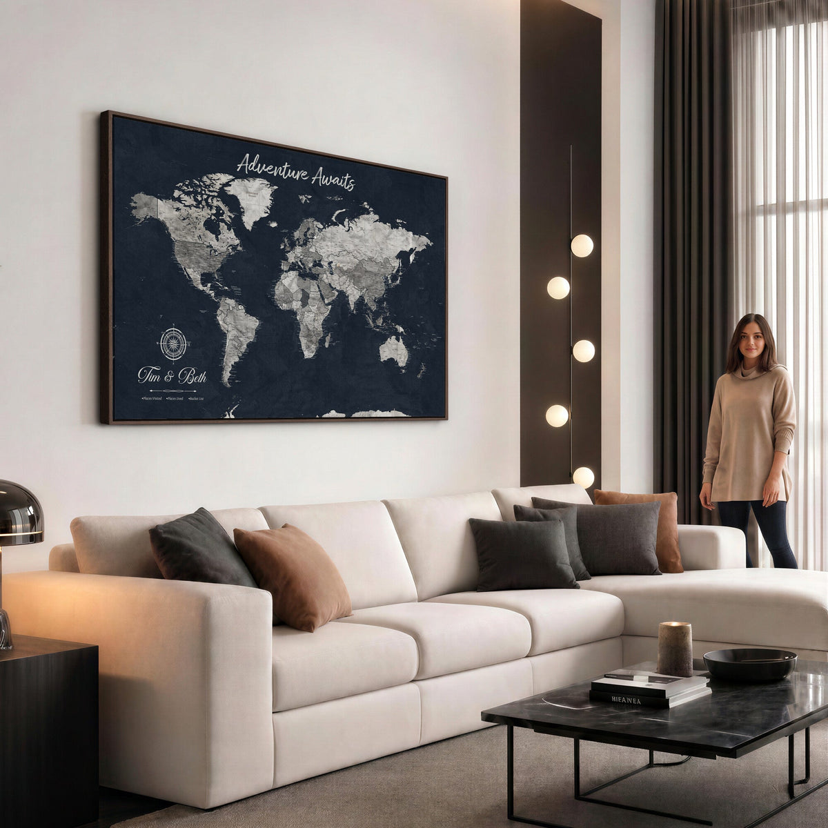 Personalized Framed Beige Vintage Push Pin World Map Wall Art, Bucket List Map, Study and Hallway Decor