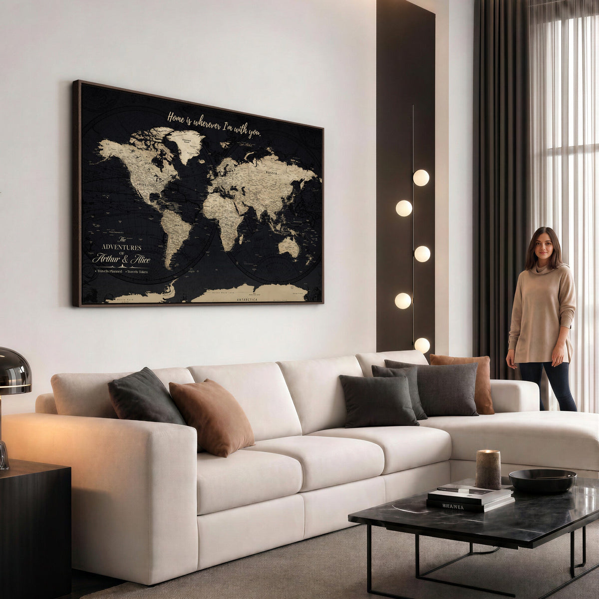 Personalized Framed Beige Modern Push Pin World Map Canvas Print, Places Visited Tracker, Family Room and Bedroom Decor