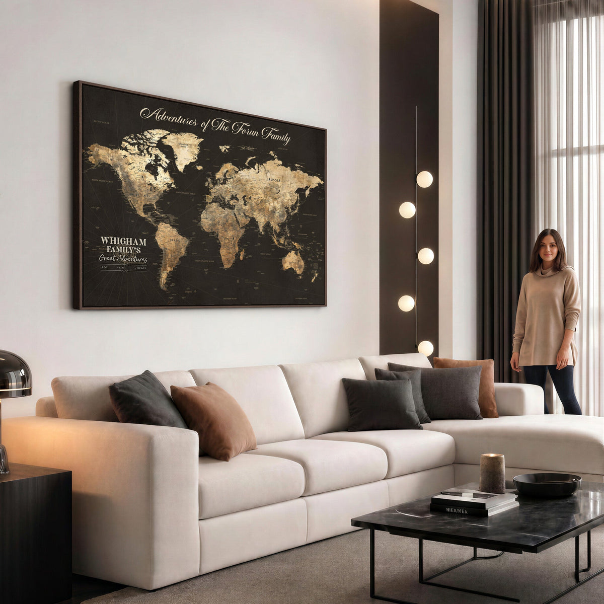 Personalized Framed Beige World Travel Map Wall Art with Pins, Couples Countries Visited Map, Family Room and Dining Room Decor