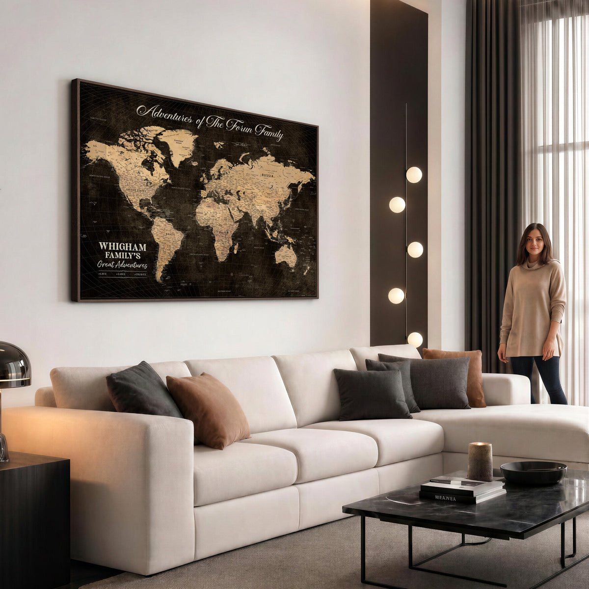 Personalized Framed Beige Geometric Push Pin Travel Map Canvas Print, Honeymoon and Anniversary Gift, Dining Room and Hallway Decor