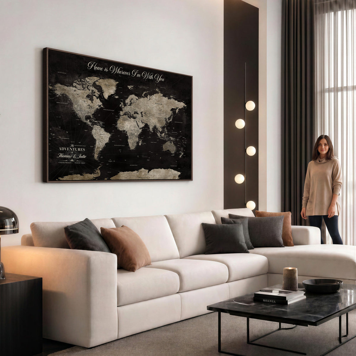 Personalized Framed Black Geometric World Map Canvas with Push Pins, Bucket List Map, Living Room and Dining Room Decor