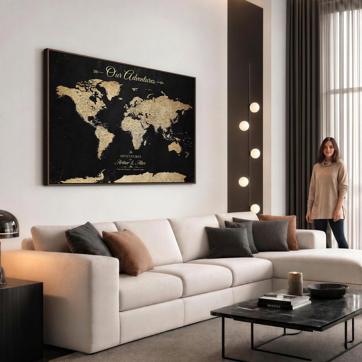 Personalized Framed Beige Push Pin World Map Canvas Print, Family Travel Tracker, Bedroom and Home Office Decor