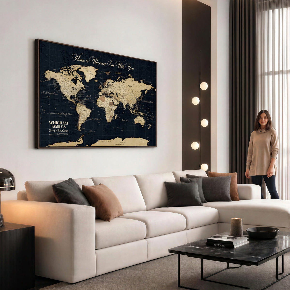Personalized Framed Beige Geometric Push Pin World Map Wall Art, Couples Countries Visited Map, Bedroom and Hallway Decor