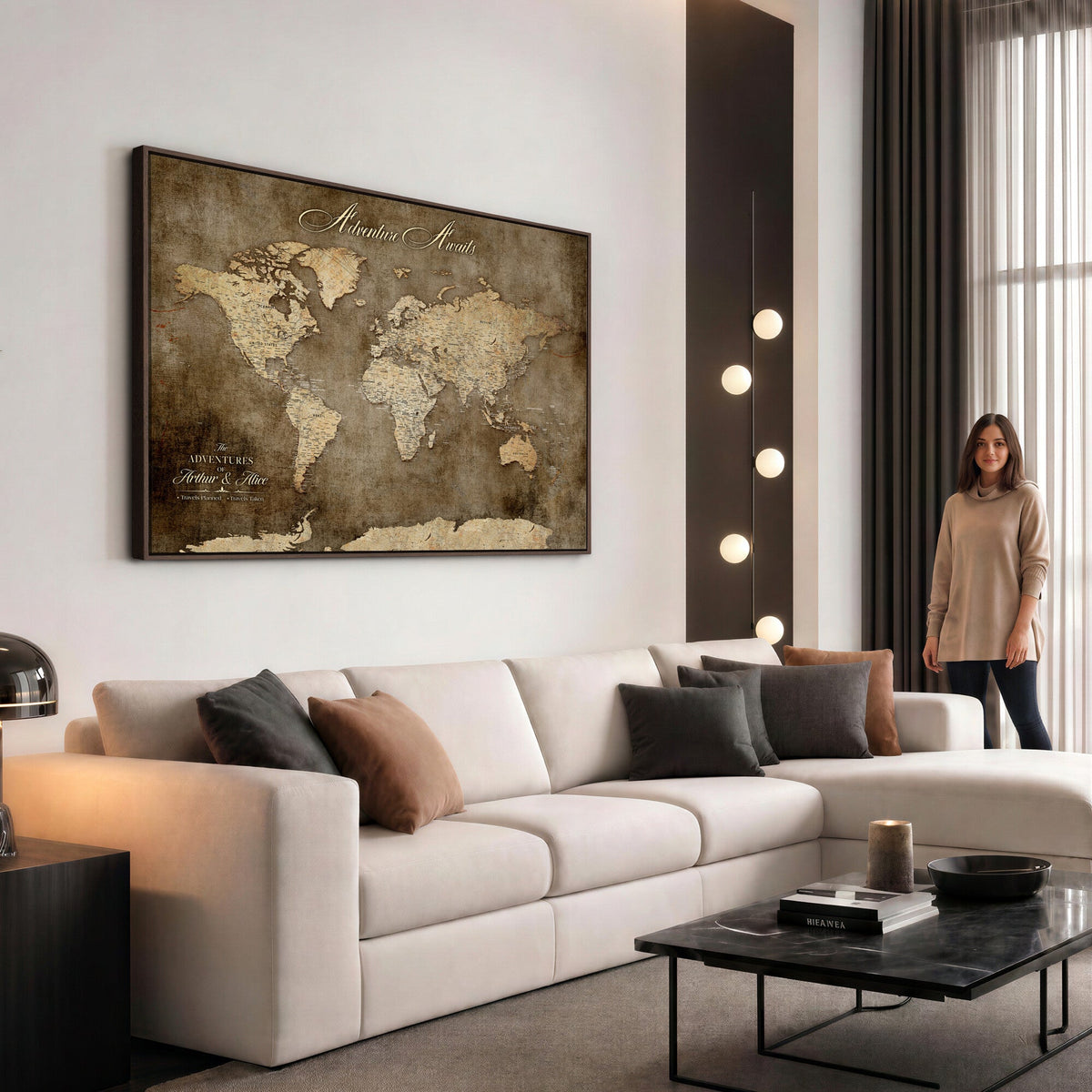 Personalized Framed Beige Push Pin Travel Map Canvas Print, Bucket List Map, Bedroom and Study Decor