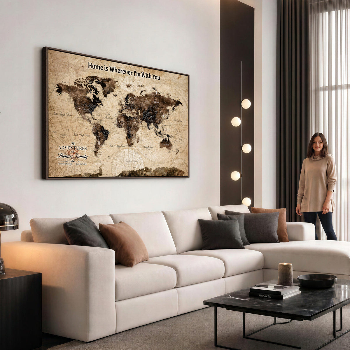 Personalized Framed Beige Modern World Travel Map Wall Art with Pins, Family Adventure Map, Living Room and Hallway Decor