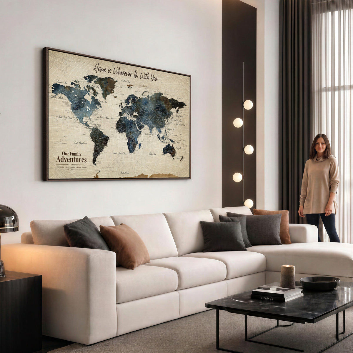 Personalized Framed Black Modern Push Pin Travel Map Canvas Print, Family Travel Tracker, Home Office and Entryway Decor