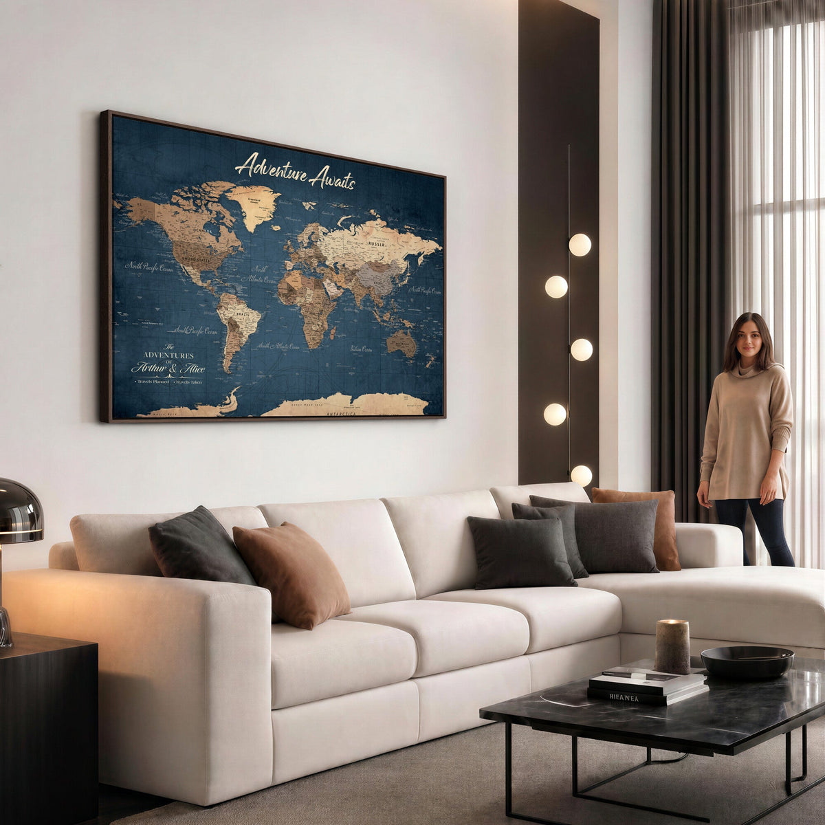 Personalized White Vintage World Travel Map Wall Art with Pins, Next Trip Planner Map, Family Room and Dining Room Decor