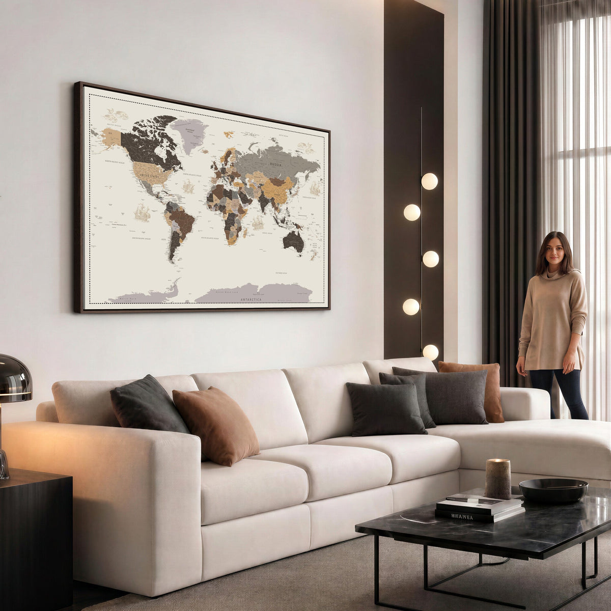 58777746-MGV-CV-36X24 - Custom Beige Modern Push Pin World Map Canvas Print, Places Visited Tracker, Bedroom and Study Decor