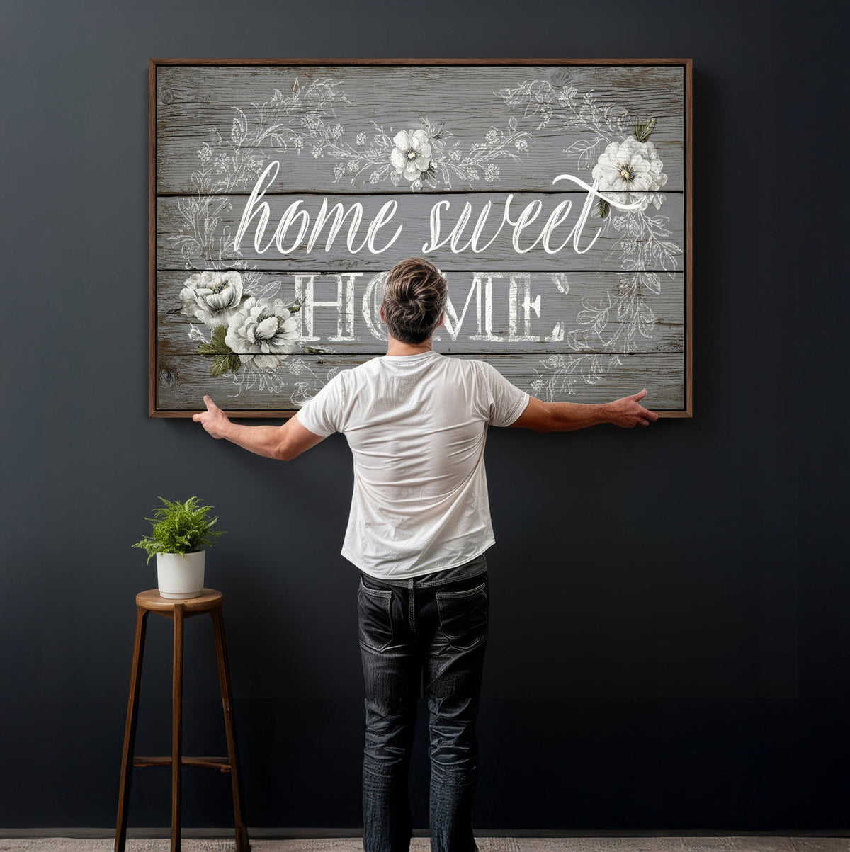 Home Sweet Home Sign Wall Art Canvas Print, Floral Farmhouse Decor