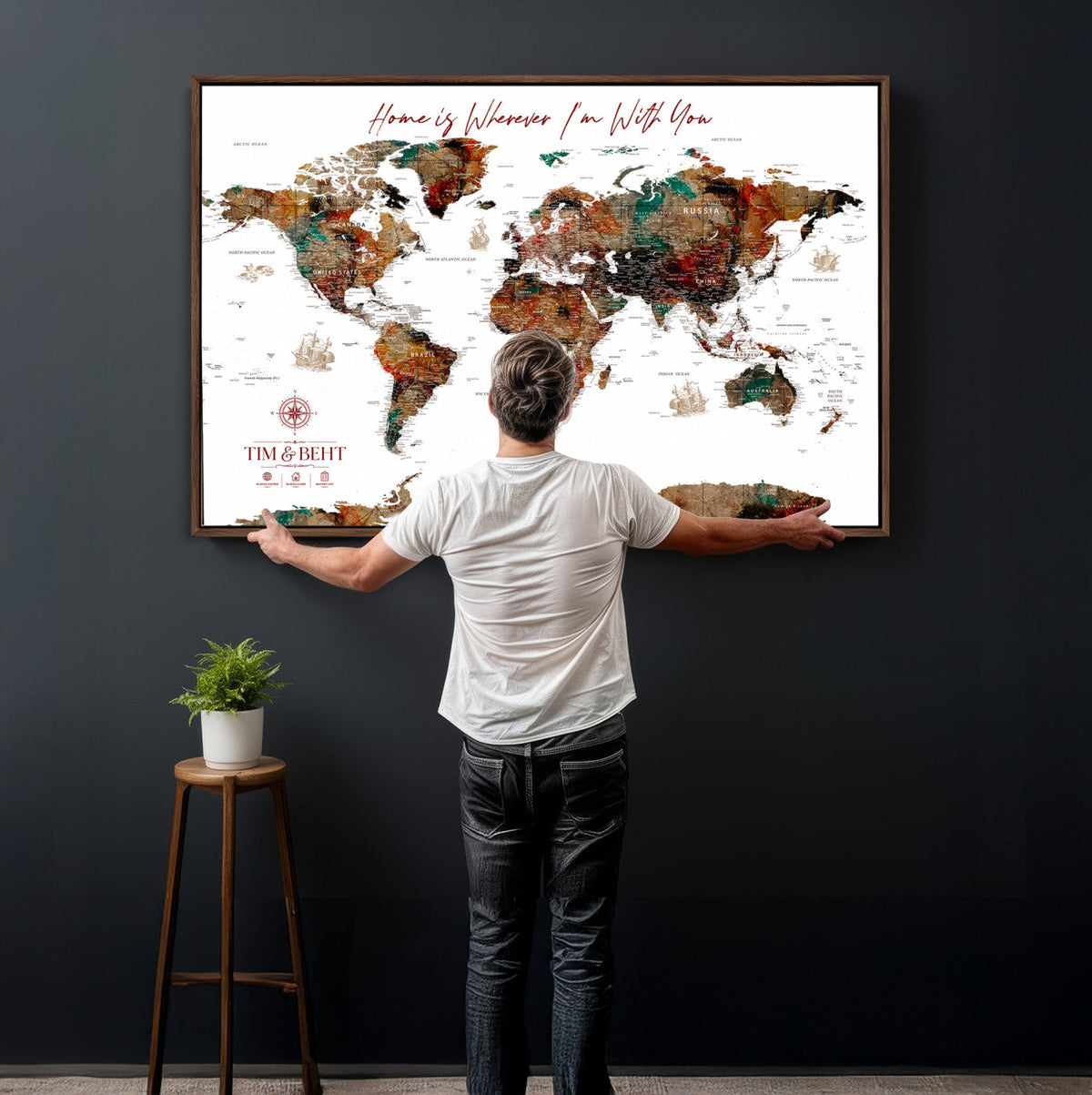 116MESUT-MGV-CV-36X24 - Custom Push Pin World Map Canvas Print | Personalized Travel Map Wall Art