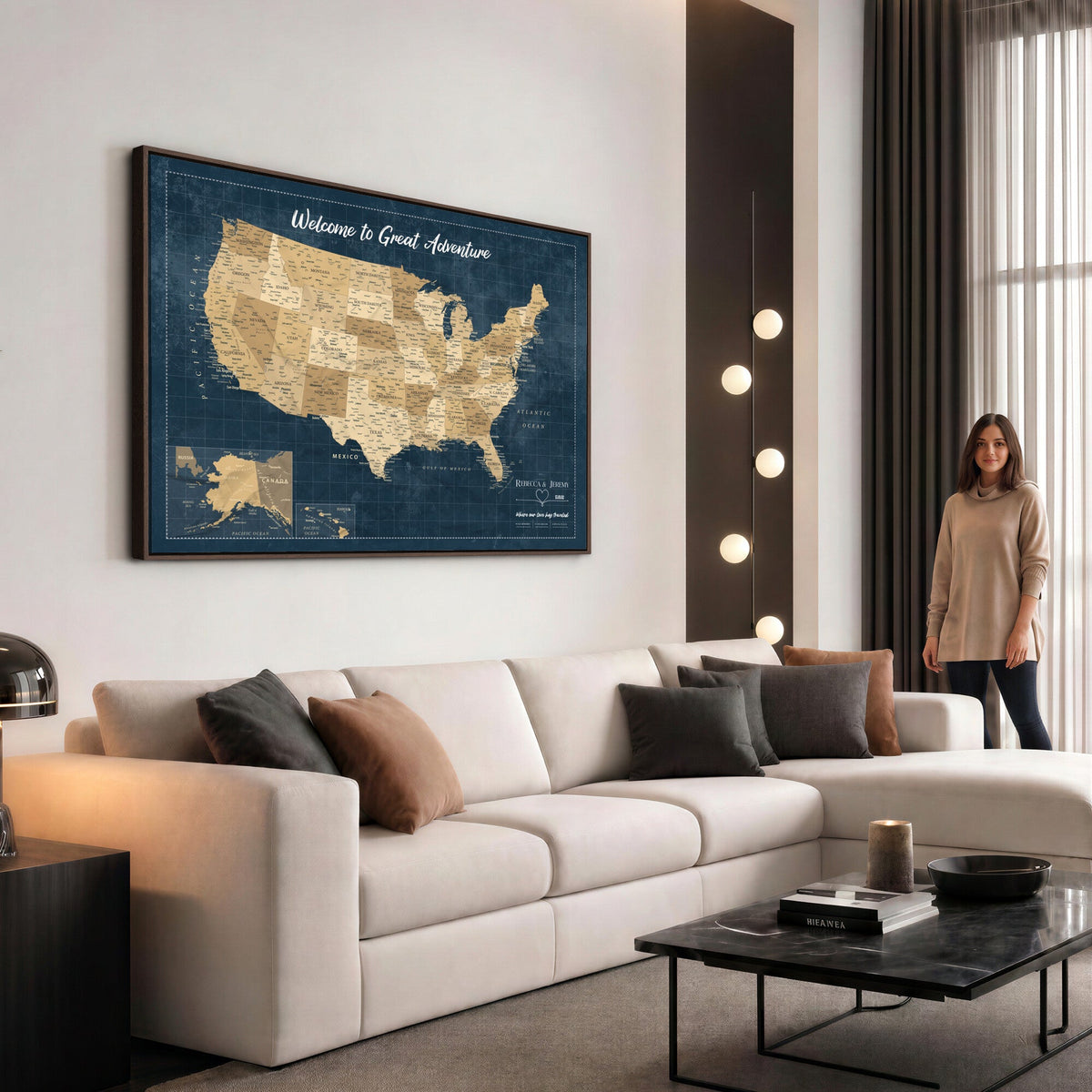 58851035-MGV-CV-36X24 - Custom Cream Push Pin USA Map Canvas Print, 50 State Bucket List Map, Family Room and Hallway Decor