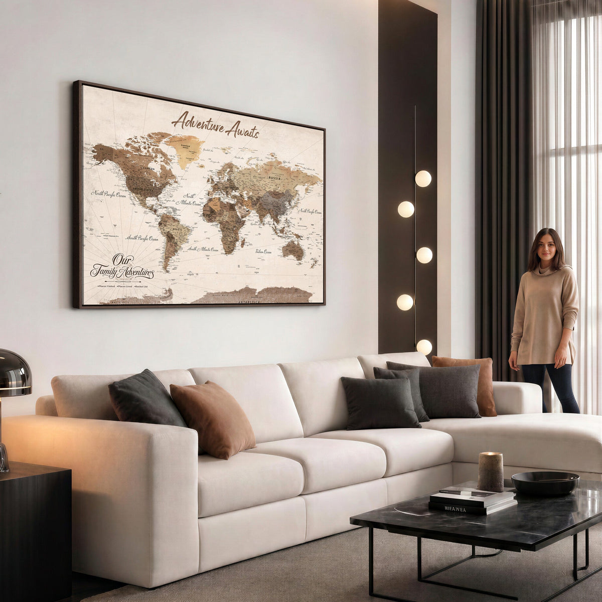 84865191-MGV-CV-36X24 - Our Family Adventures Push Pin World Map Wall Art Canvas Print - Family Travel Tracker Map with Pins