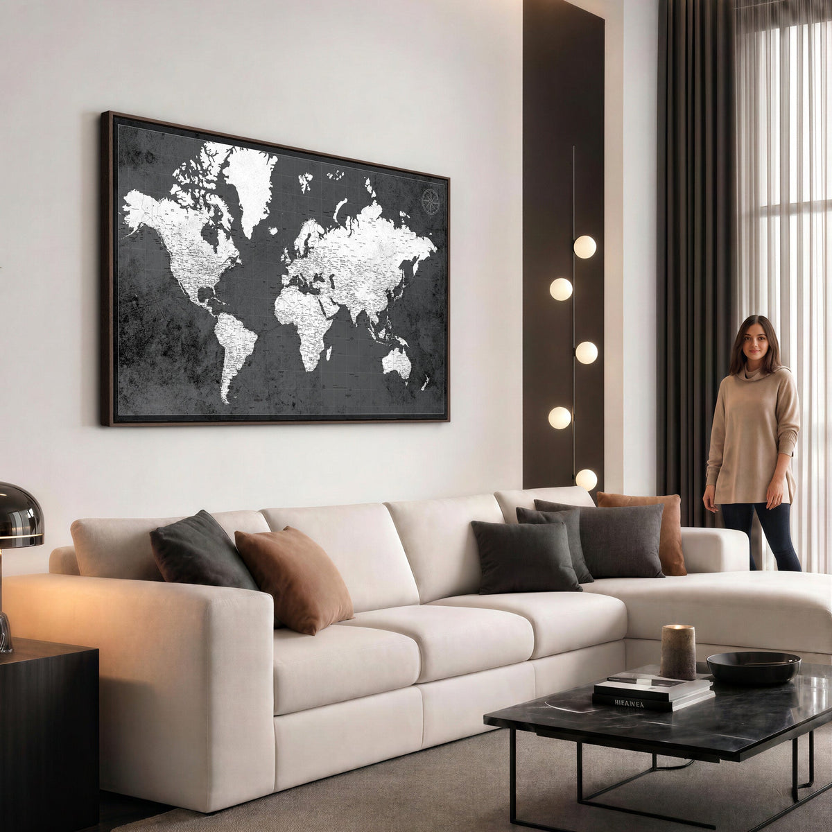 78574966-MGV-CV-36X24 - Extra Large Framed Personalize Push Pin World Map Wall Art Canvas Print for Travel Tracking - NEWMAP-128