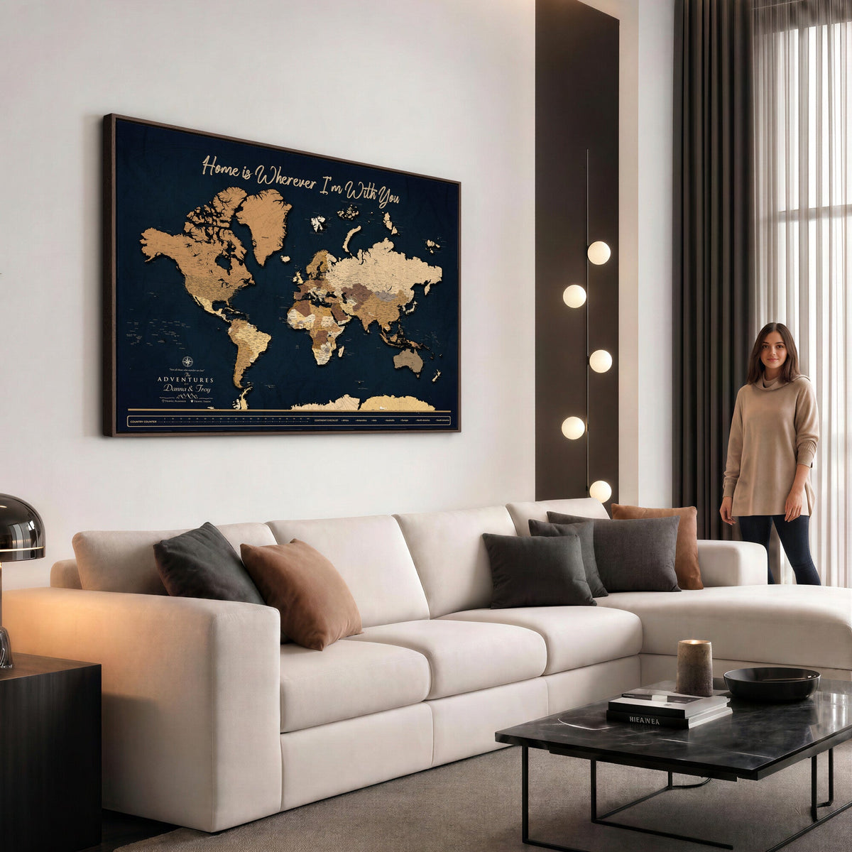 13903533-MGV-CV-36X24 - Extra Large Framed Personalize Push Pin World Map Wall Art Canvas Print for Travel Tracking - NEWMAP-152