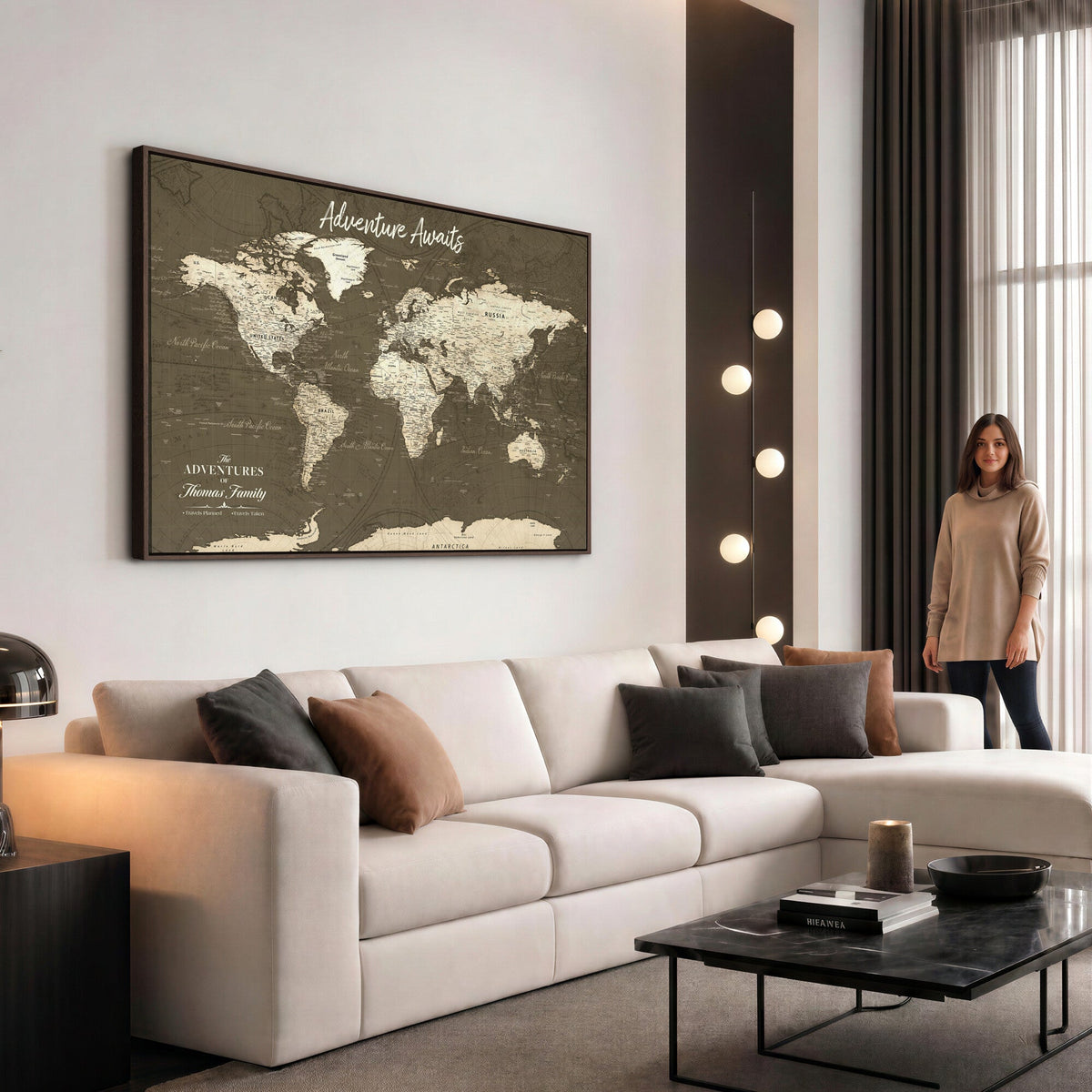 Personalized White Modern World Travel Map Wall Art with Pins, Honeymoon and Anniversary Gift, Living Room and Dining Room Decor