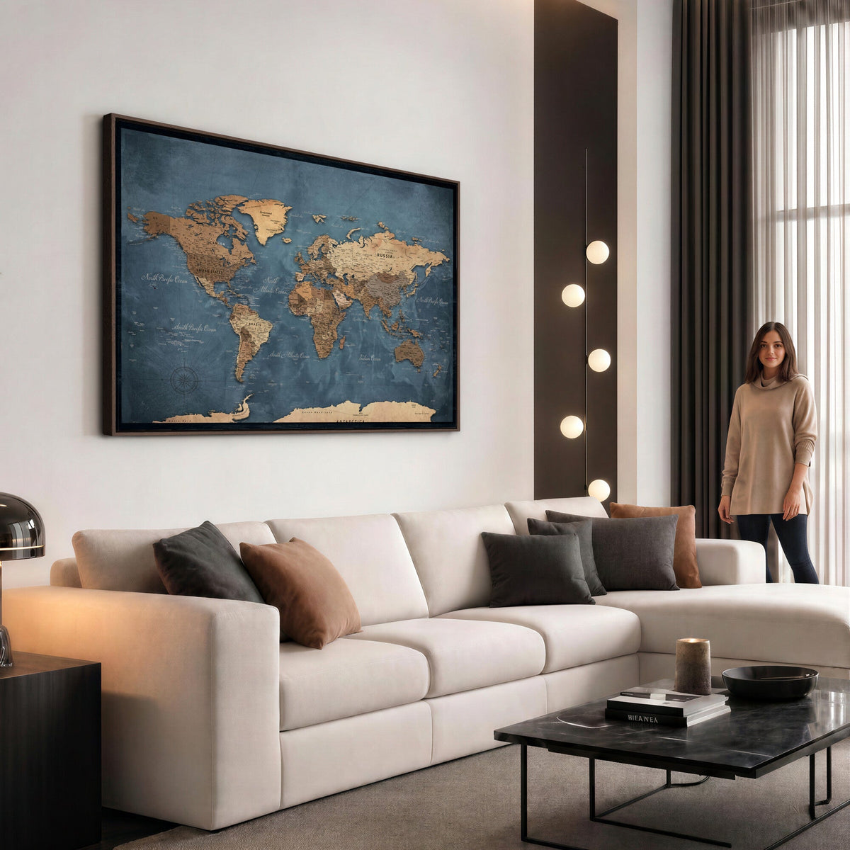 81949666D-MGV-CV-36X24 - Custom Push Pin World Map Wall Art Canvas Print – Personalized Travel Tracker with Pins Framed Large for Home and Office Decor