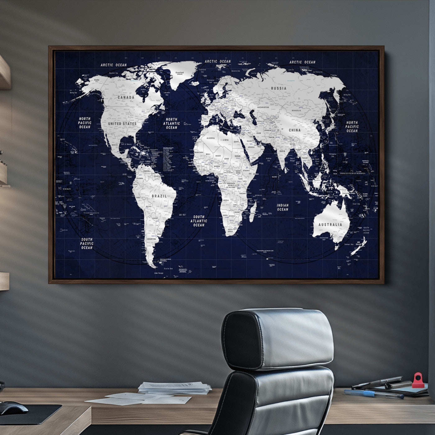 Push Pin World Map Canvas Print – Framed Wall Art for Couples to Track Their Travels – Anniversary Gift or Home Adventure Decor