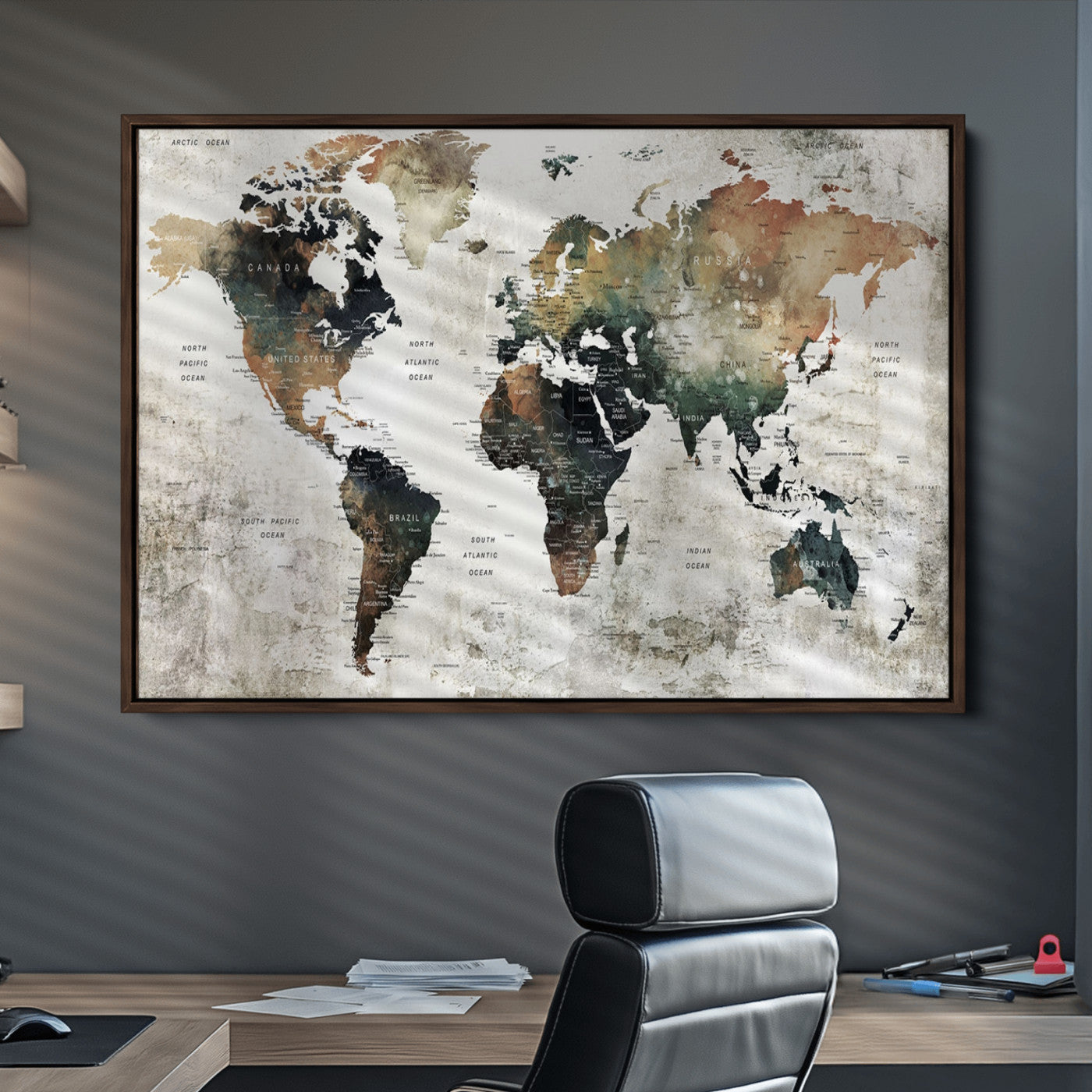 Push Pin World Map Canvas Print – Framed Wall Art for Couples to Track Their Travels – Anniversary Gift or Home Adventure Decor