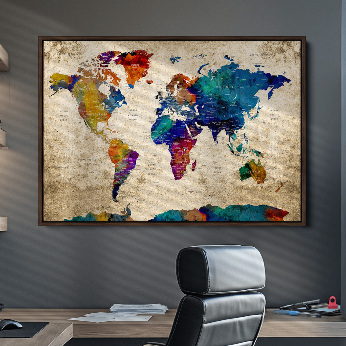Push Pin World Map Canvas Print – Framed Wall Art for Couples to Track Their Travels – Anniversary Gift or Home Adventure Decor