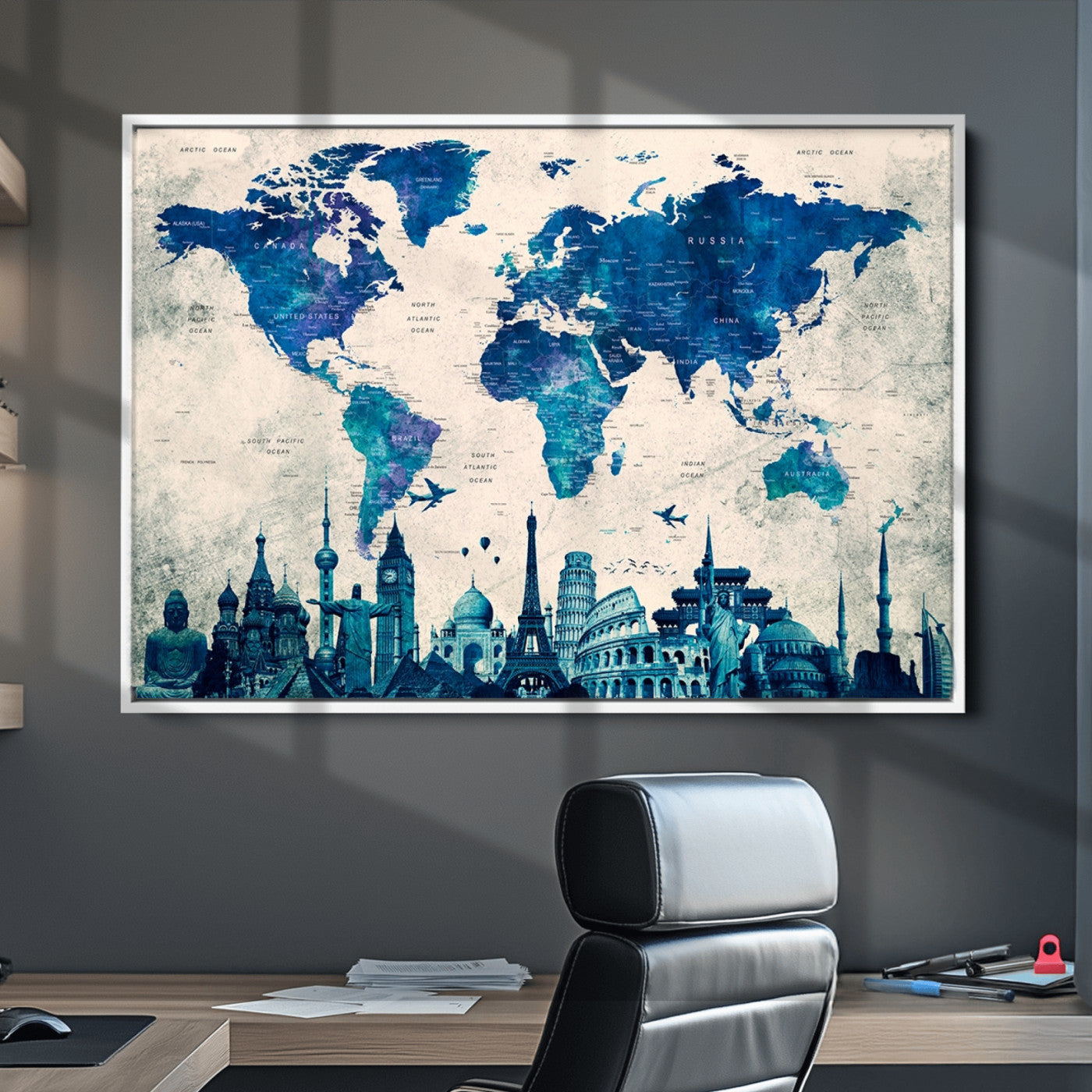 Navy Blue World Map Canvas Print, Wonder of World Map Push Pin Canvas Print