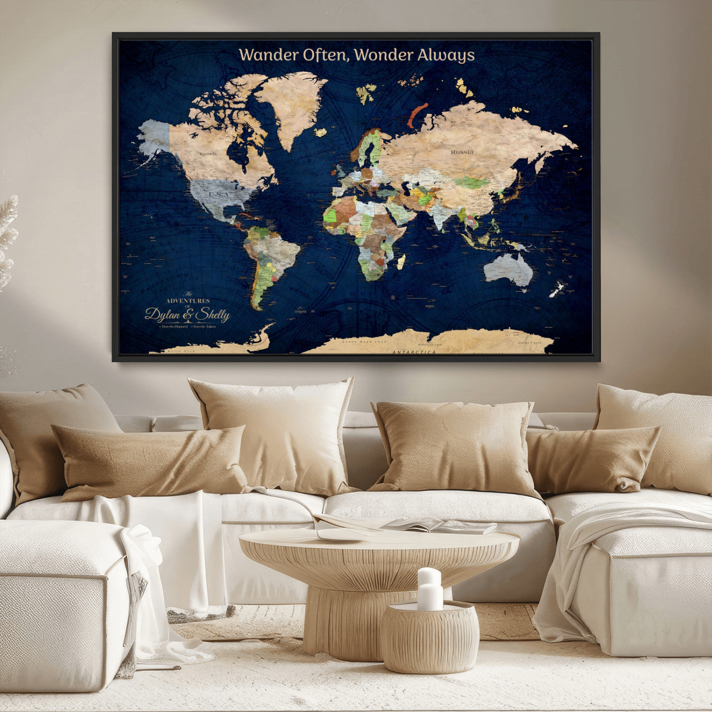 12399561-MGV-CV-30X20-Personalized World Map Print, Customizable Push Pin Framed World Map Print on Canvas - Custom Quote on Map Print