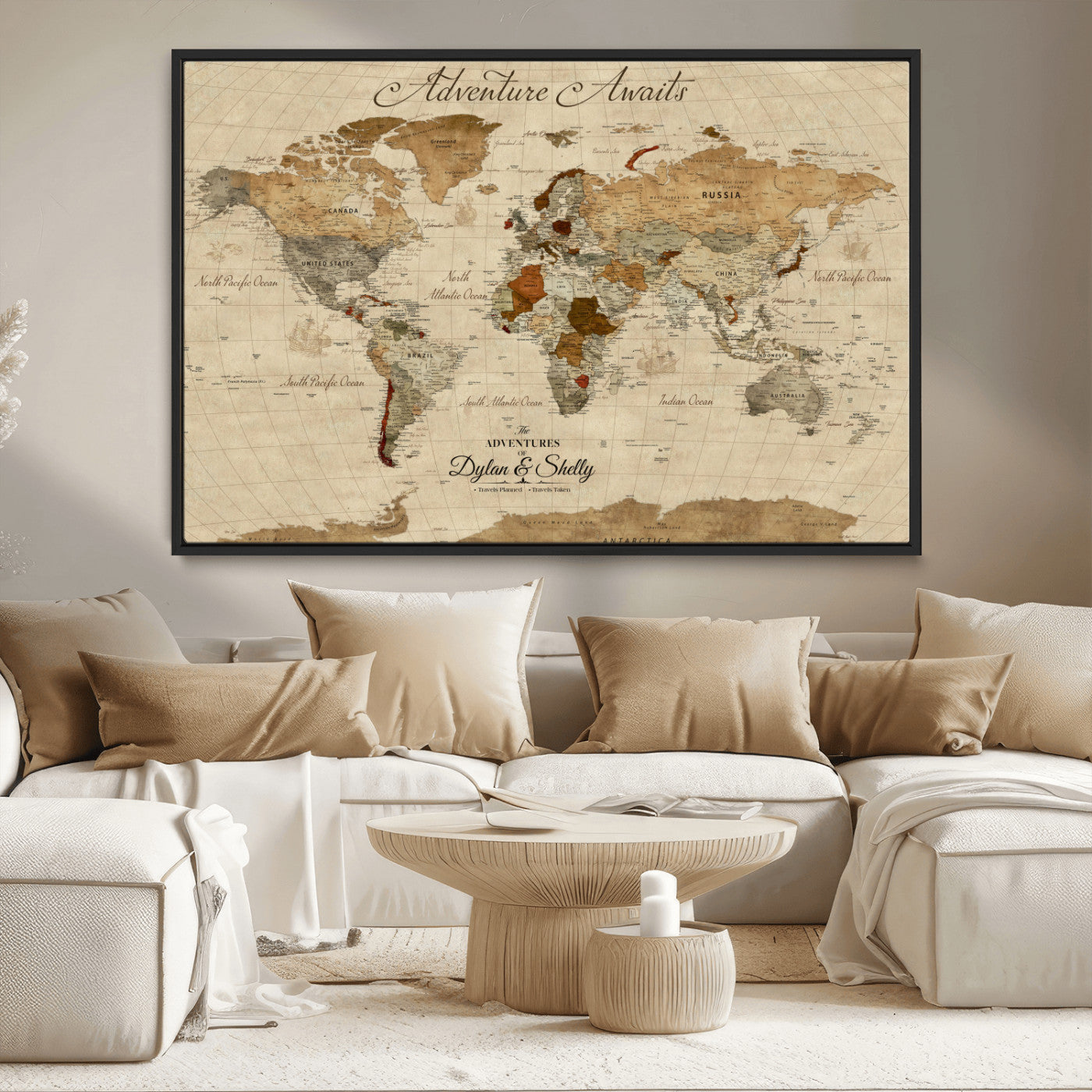 29054239-MGV-CV-36X24-Personalized World Map Print - Customizable Push Pin Framed World Map Print on Canvas - Custom Quote on Map Print