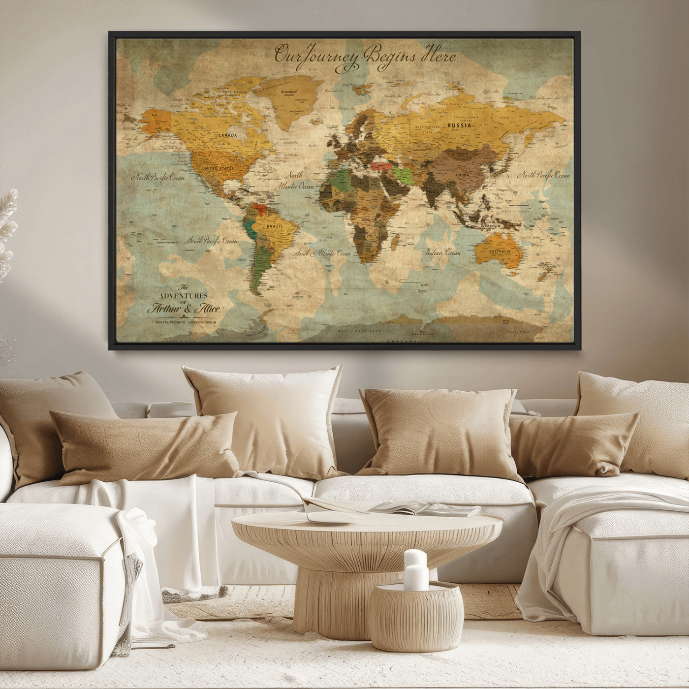 75523223-MGV-CV-36X24-Custom Push Pin World Map Wall Canvas Print – Personalized Travel Tracker with Pins – Framed Custom Quotie Canvas for Home Office