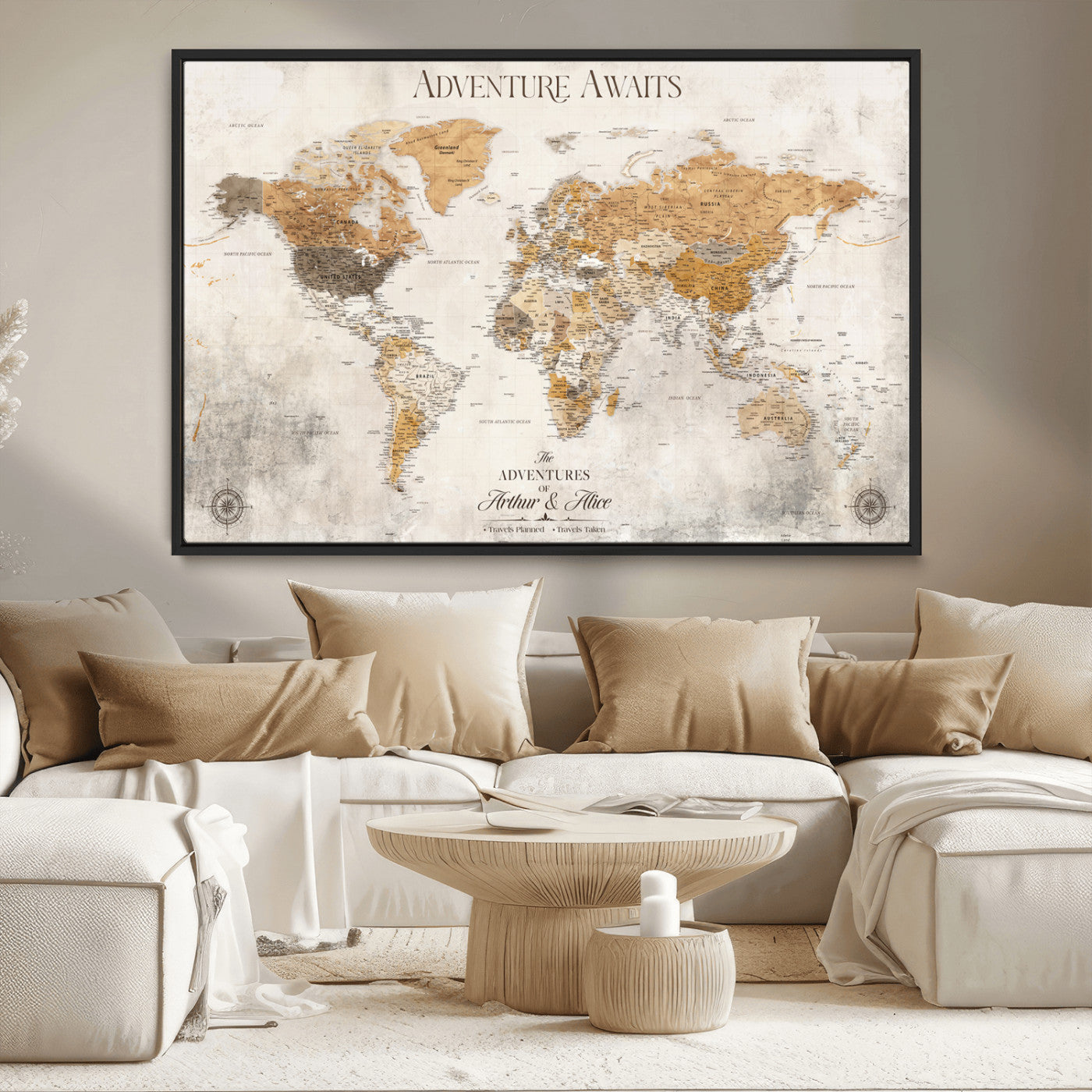 99422096-MGV-CV-30X20-Custom Push Pin World Map Wall Canvas Print – Personalized Travel Tracker with Pins – Framed Custom Quotie Canvas for Home Office Decor