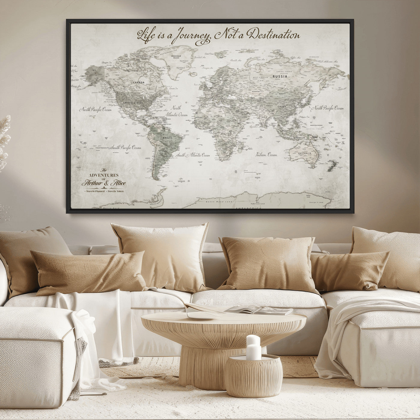 Custom Push Pin World Map Wall Canvas Print – Personalized Travel Tracker with Pins – Framed Custom Quotie Canvas for Home Office Decor