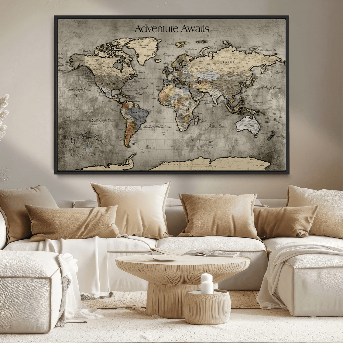 60740187-MGV-CV-36X24-Tree Rings Wall Art Canvas Print, Framed Wood Texture Art Picture Print, Blue Grain Perfect Rustic Modern Decor Artwork, Wood Texture Wall