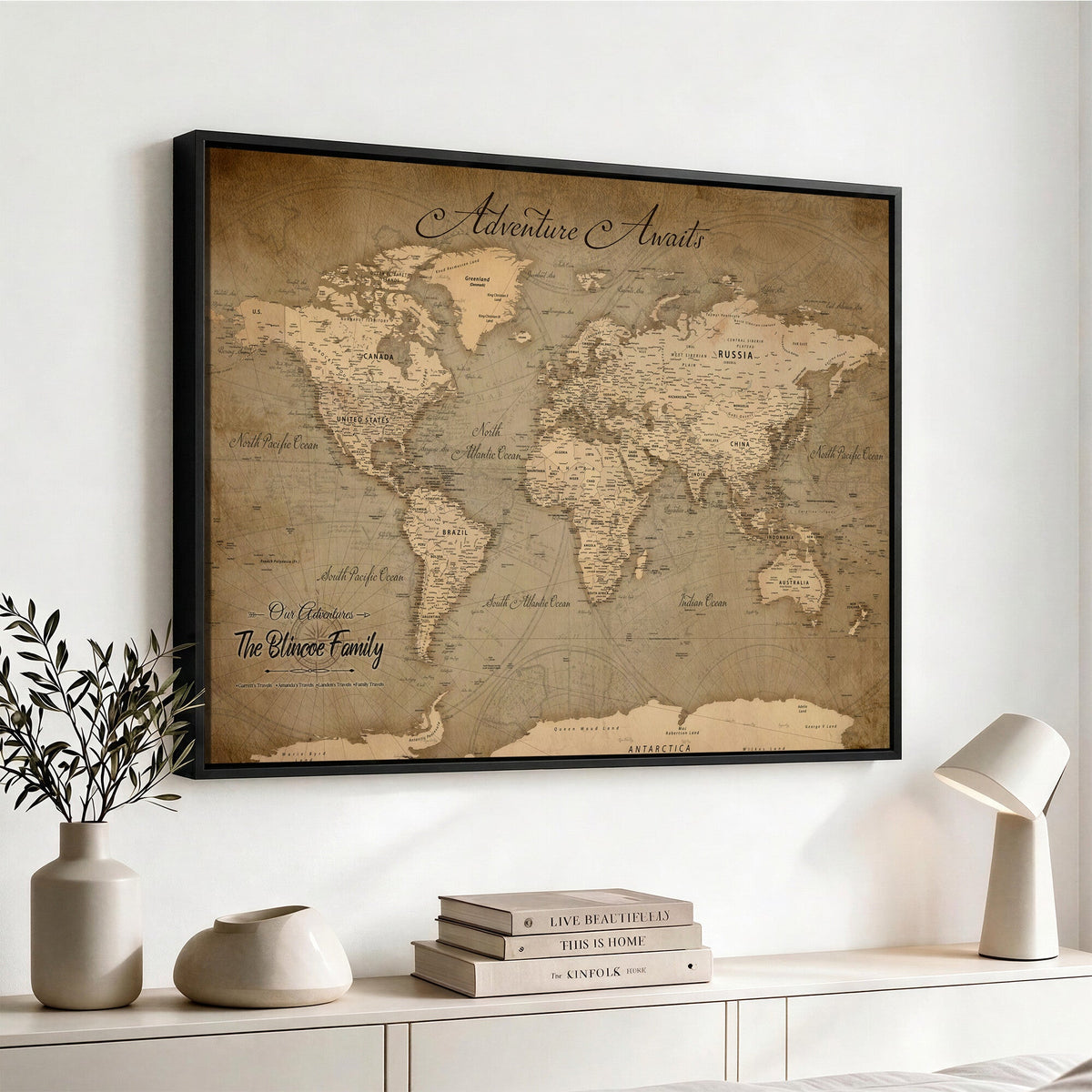 Personalized Framed Beige World Travel Map Wall Art with Pins, Family Travel Tracker, Family Room and Entryway Decor