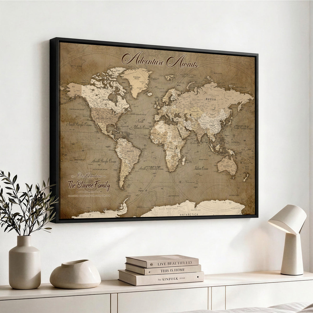 Custom Beige Modern Push Pin World Map Canvas Print, Family Travel Tracker, Dining Room and Home Office Decor