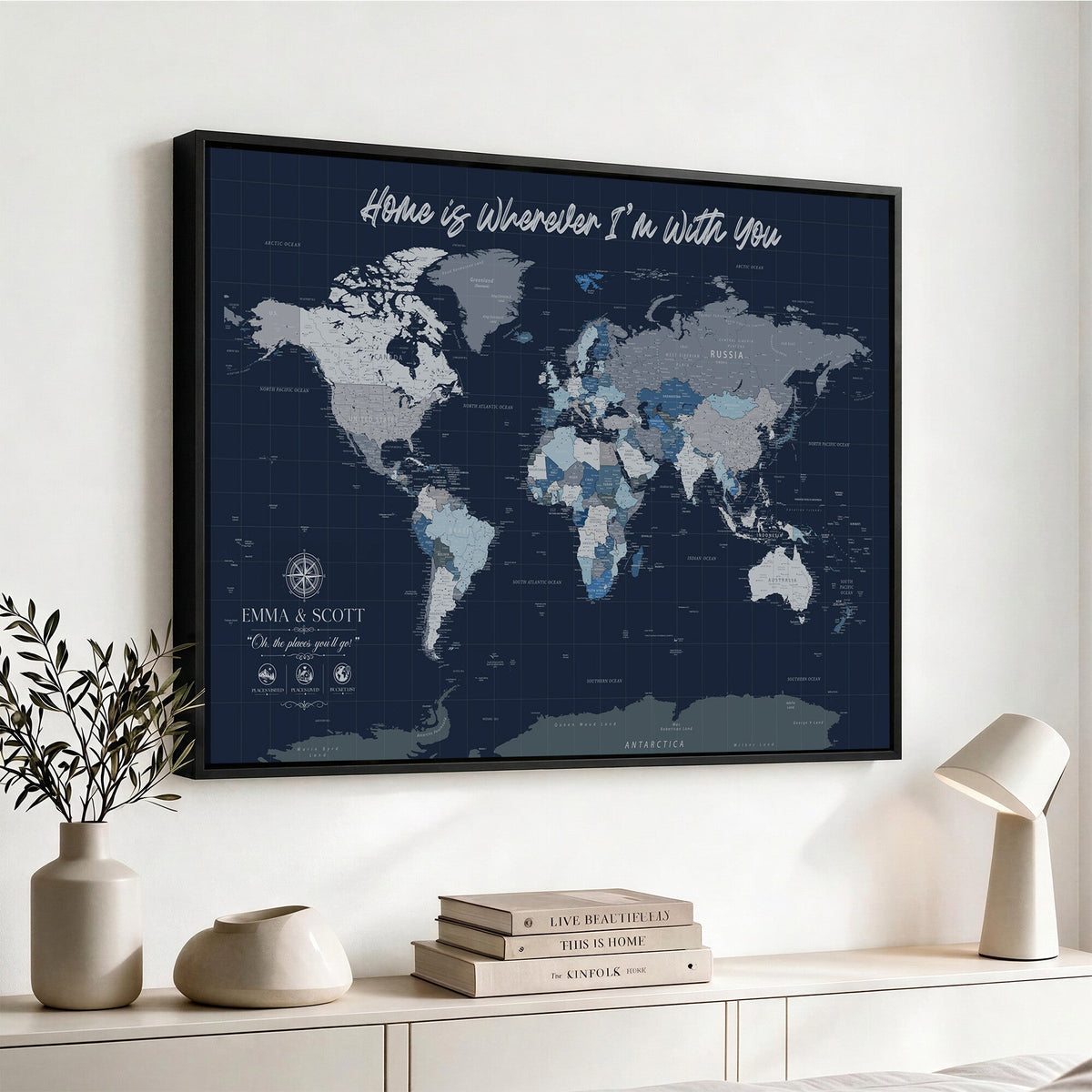 NEWMAP-18-MGV-CV-36X24 - Custom Push Pin World Map Wall Art Canvas Print | Personalized Travel Tracker with Pins Framed Large Print - NEWMAP-18