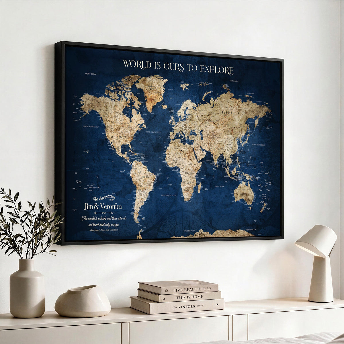 35296308-MGV-CV-36X24 - Custom Push Pin World Map Wall Art Canvas Print | Personalized Travel Tracker with Pins Framed Large for Home and Office Decor