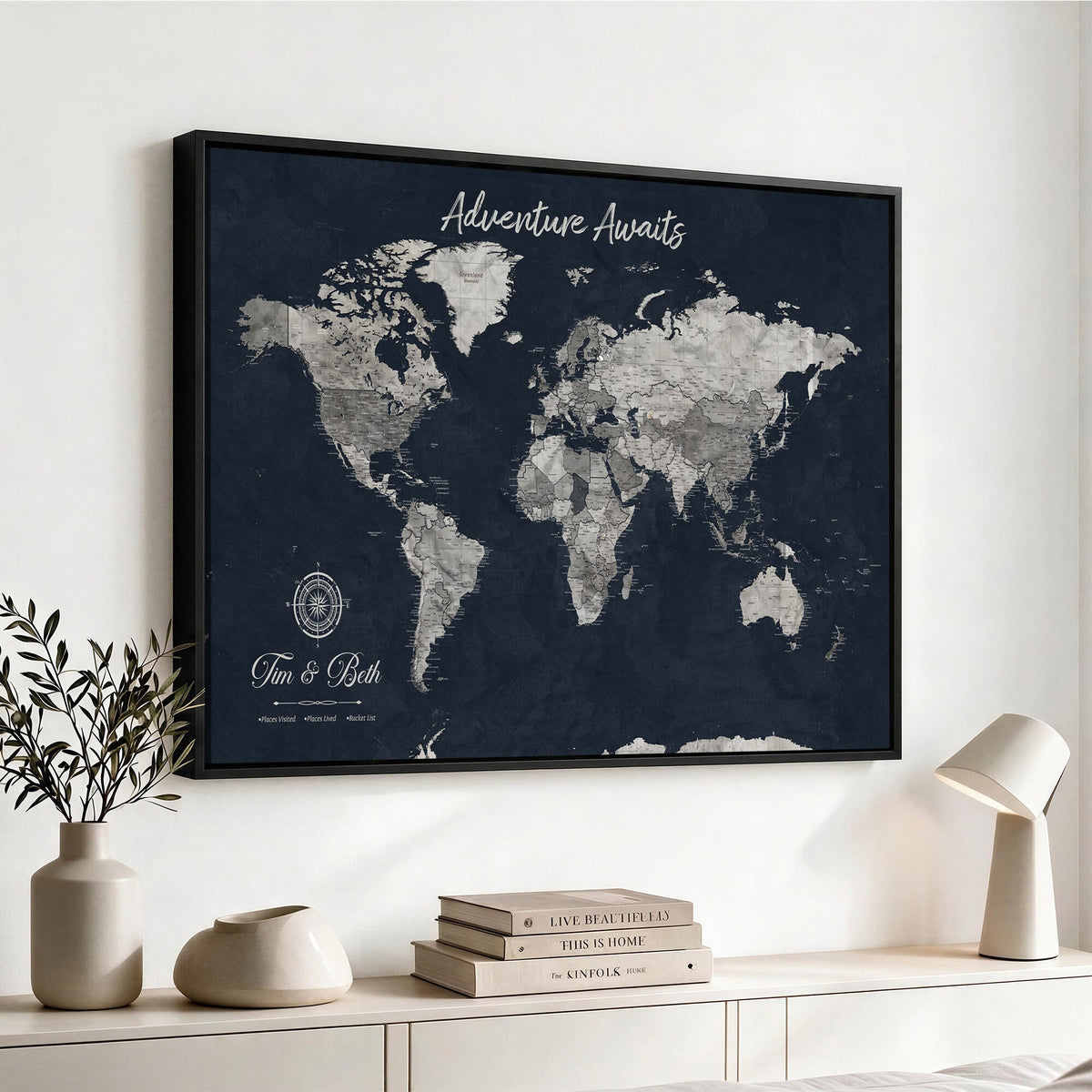 Personalized Framed Beige Vintage Push Pin World Map Wall Art, Bucket List Map, Study and Hallway Decor