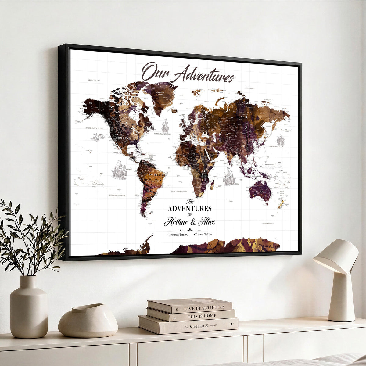 Personalized Framed Beige Vintage Push Pin Travel Map Canvas Print, Next Trip Planner Map, Home Office and Entryway Decor