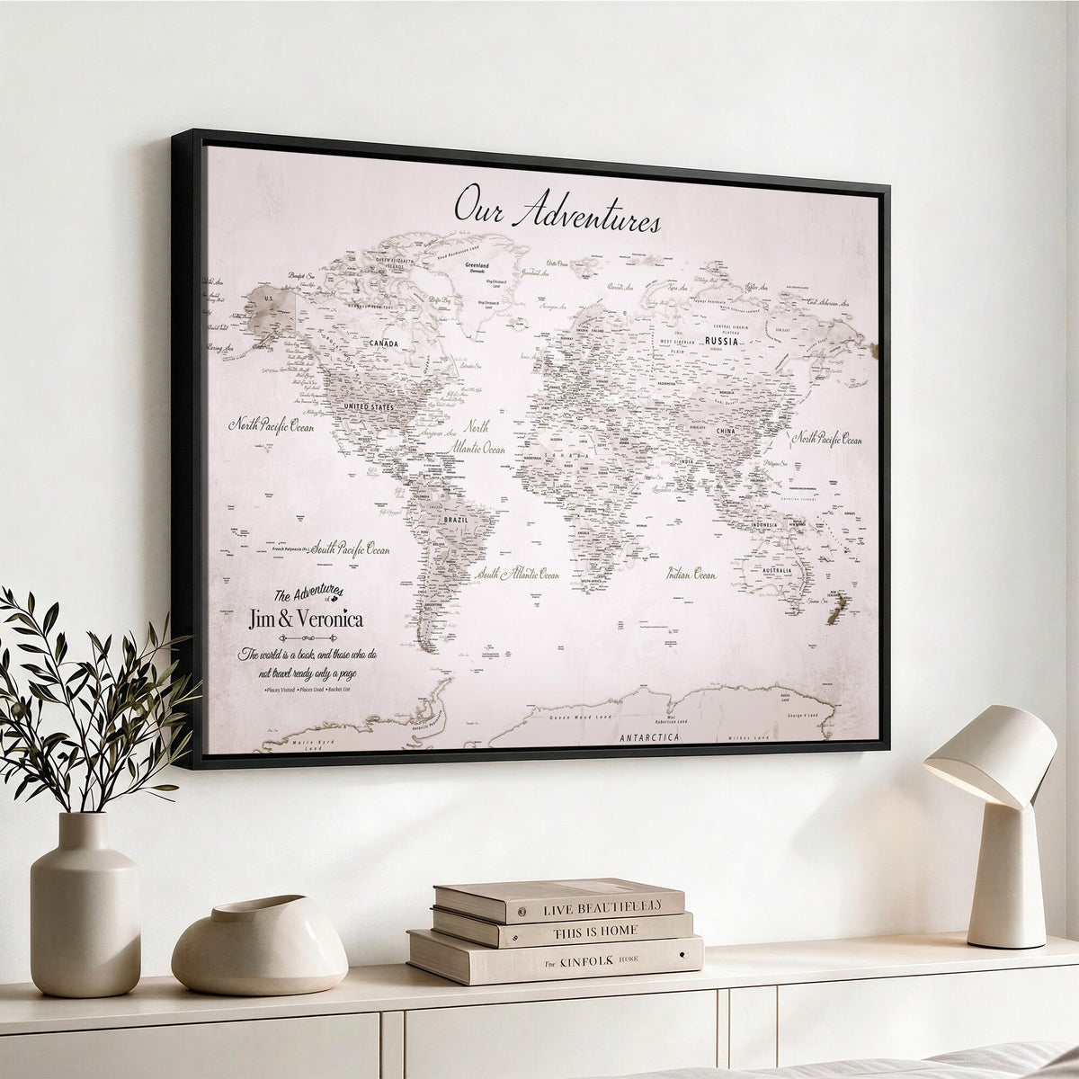 Personalized Beige Vintage World Travel Map Wall Art with Pins, Honeymoon and Anniversary Gift, Entryway and Hallway Decor