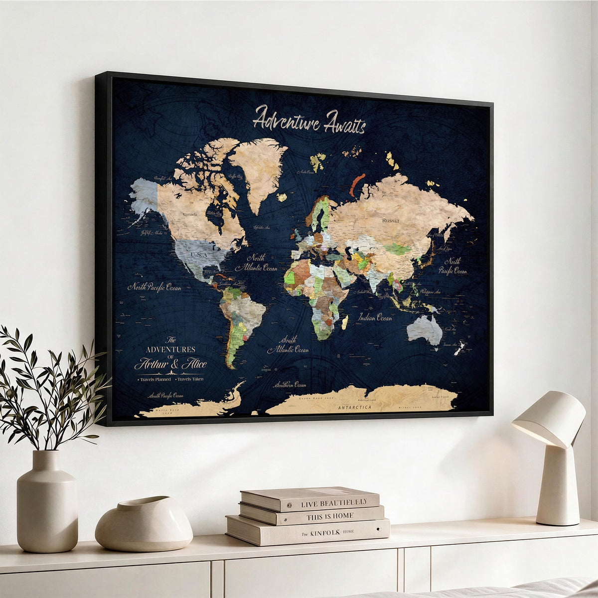 Personalized Beige Antique Push Pin Travel Map Canvas Print, Bucket List Map, Dining Room and Entryway Decor