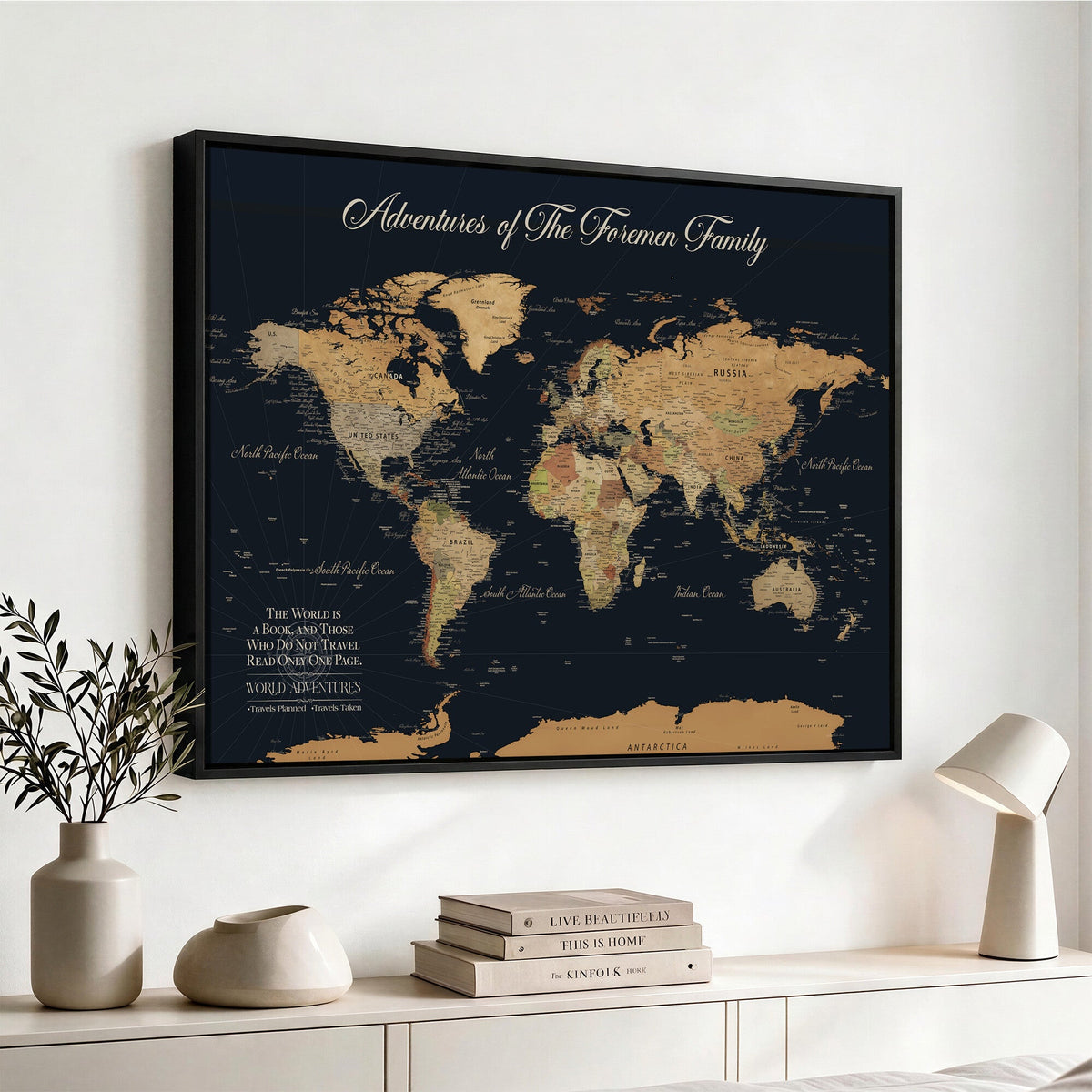 Personalized White Minimalist World Travel Map Wall Art with Pins, Places Visited Tracker, Entryway and Hallway Decor