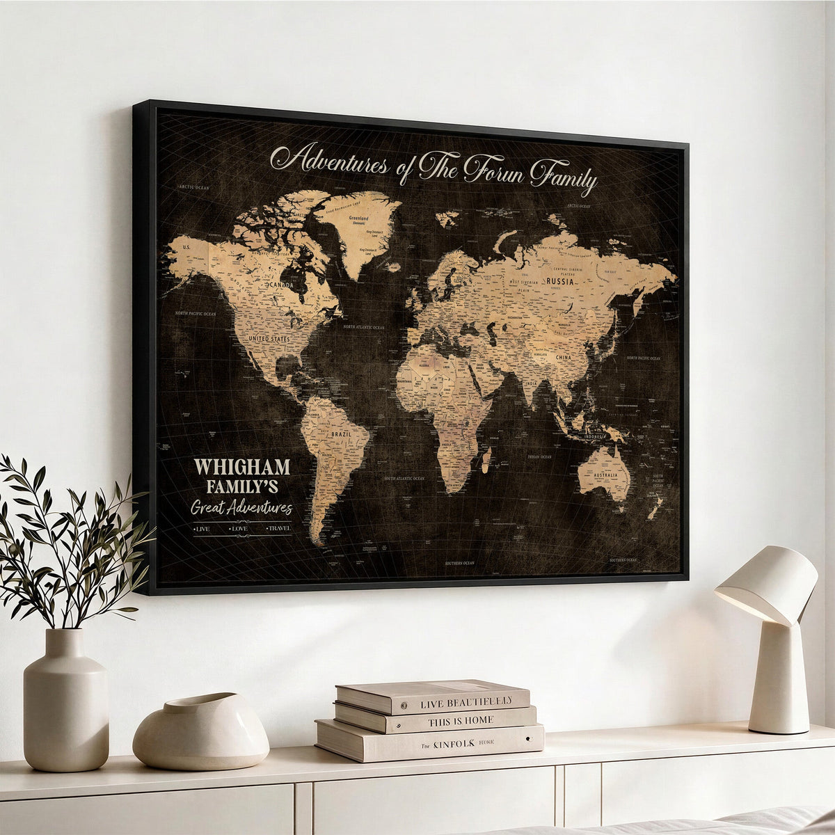 Personalized Framed Beige Geometric Push Pin Travel Map Canvas Print, Honeymoon and Anniversary Gift, Dining Room and Hallway Decor