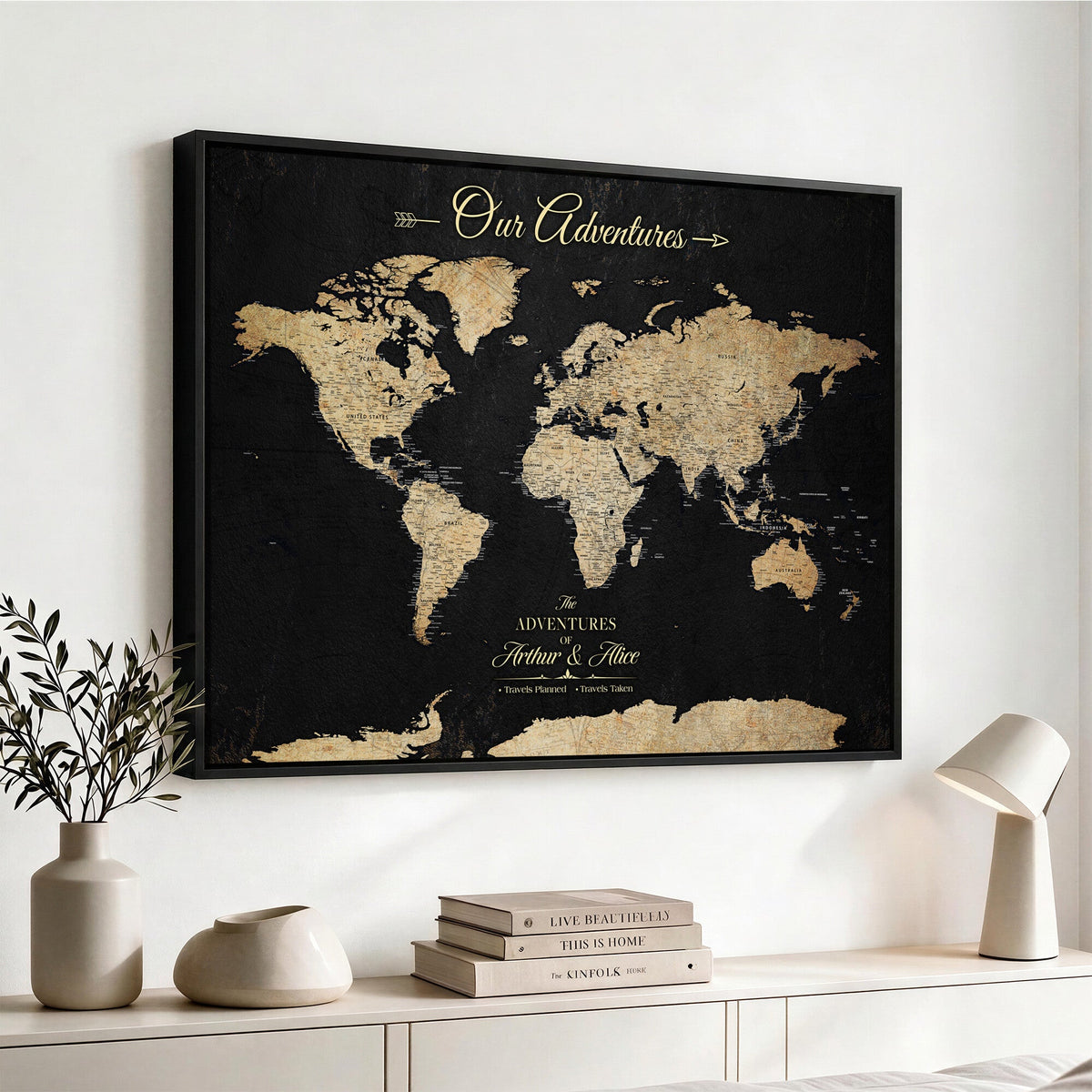 Personalized Framed Beige Push Pin World Map Canvas Print, Family Travel Tracker, Bedroom and Home Office Decor