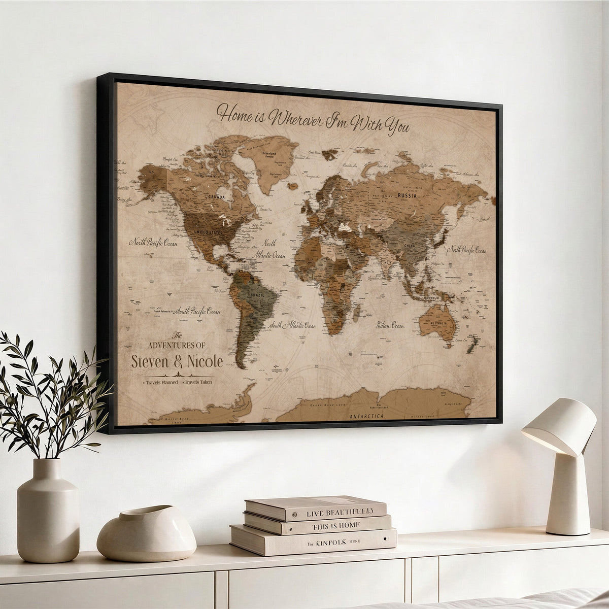 Personalized Framed Beige World Map Canvas with Push Pins, Honeymoon and Anniversary Gift, Living Room and Hallway Decor