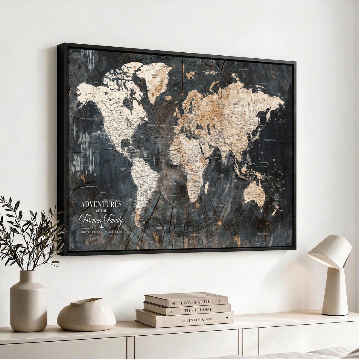 Personalized Framed Beige Push Pin World Map Canvas Print, Bucket List Map, Living Room and Hallway Decor