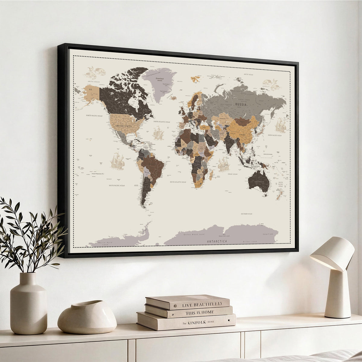 58777746-MGV-CV-36X24 - Custom Beige Modern Push Pin World Map Canvas Print, Places Visited Tracker, Bedroom and Study Decor