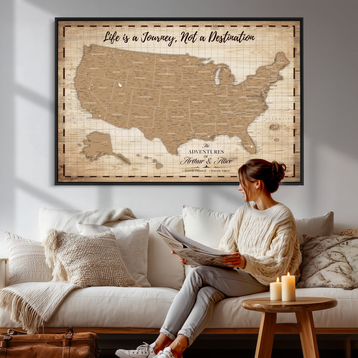 19102499-MGV-CV-36X24 - Personalized USA Push Pin Travel Map, Custom United States Map, Push Pin Map, USA Bucket List Map, Anniversary Gift | Couple Travel Map Wall Art